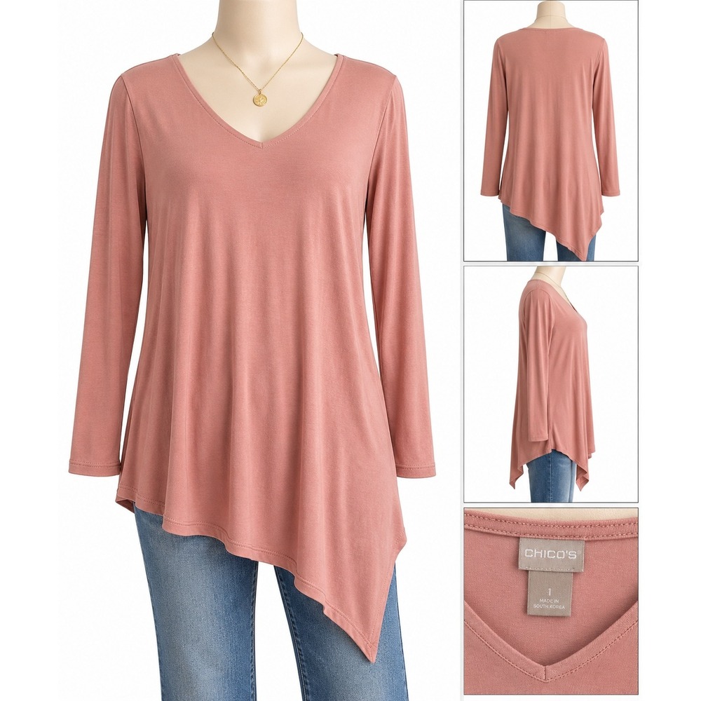 Chicos Pink Modal V-Neck Asymmetrical Sharkbite Hem Tunic Top Size 1 M L/S